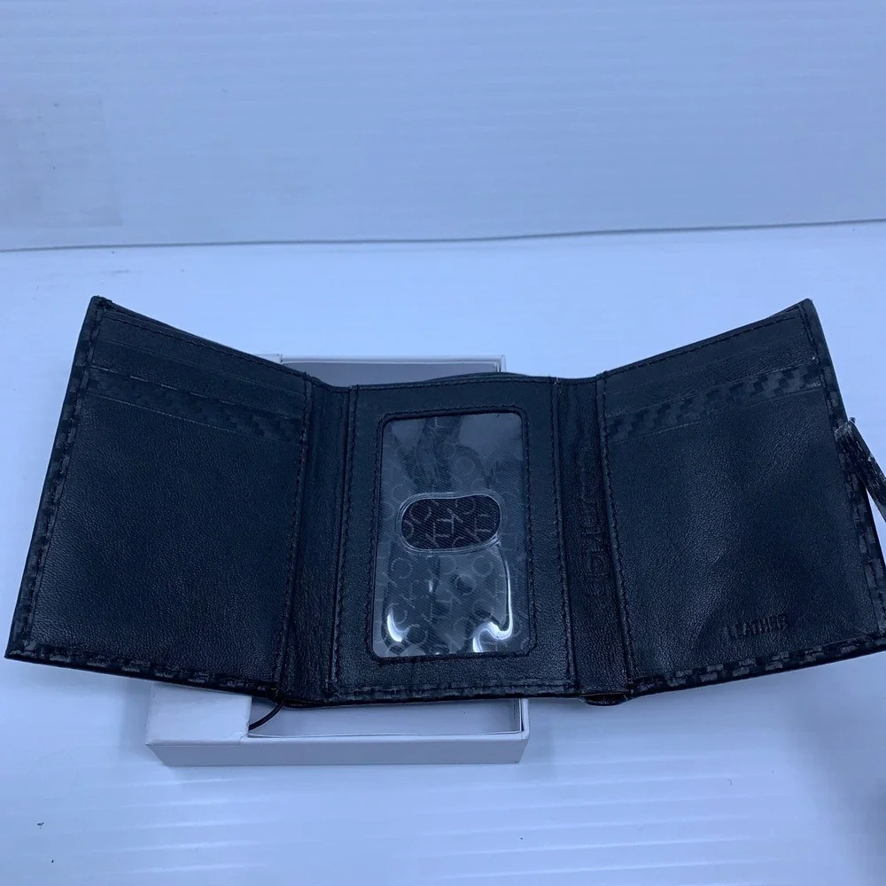 Calvin Klein Mens NS Black Carbon Fiber Leather RFID Trifold Wallet NWT